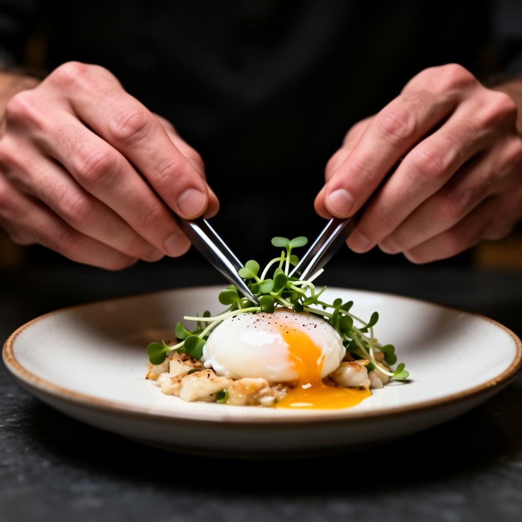 Chef plating with tweezers