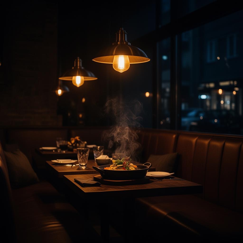 Amber candlelit café interior at night